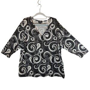 Russell Kemp Sparkly Swirl Pattern Top 3/4 Sleeve V-Neck Womens 2X career casual